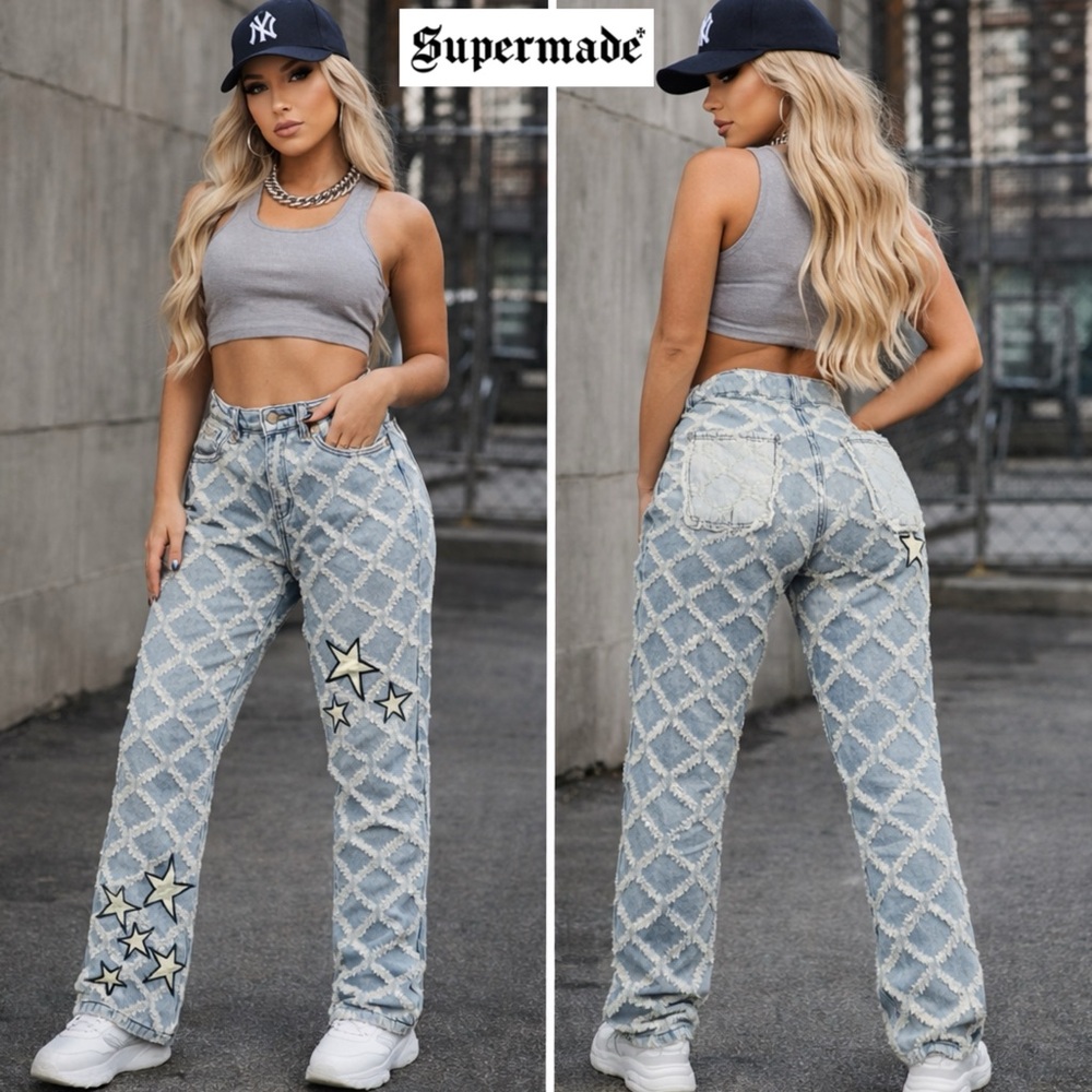 NWT Supermade High Rise Star Patch Rhombus Distressed Denim Straight Leg Jeans L